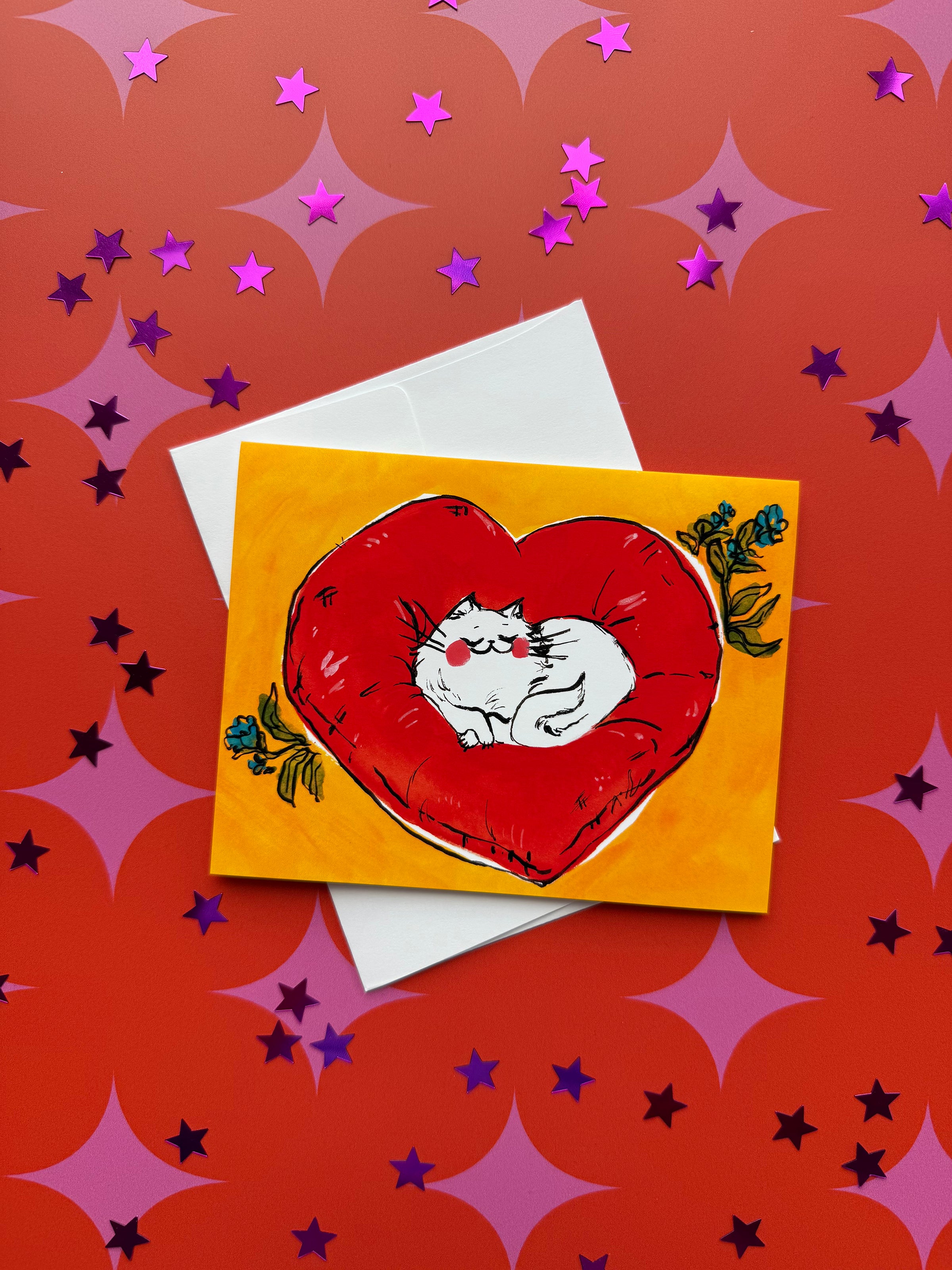 Heart Pillow Cat Card